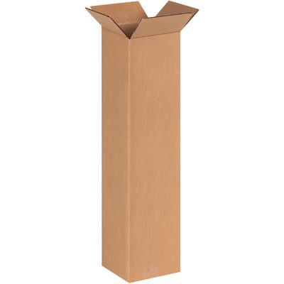 6624.jpg An MH-USA 6 x 6 x 24 Tall Corrugated Box from a set of 25/Bundle stands upright with open top flaps, showcasing a simple design meant for packaging or shipping tall items.