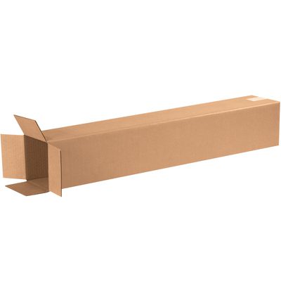 6632.jpg An MH-USA 6 x 6 x 32 tall corrugated box, part of a 25/bundle set, is open at one end, showing its flaps against a plain white background and revealing its spacious interior.