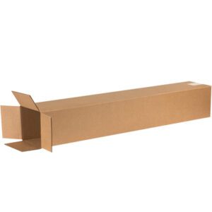 A plain white backdrop showcases a long, open MH-USA 6 x 6 x 40 Corrugated Box with partially unfolded flaps. Simple and unmarked, this box is perfect for shipping or storing large items and is available in a handy bundle of 25.
