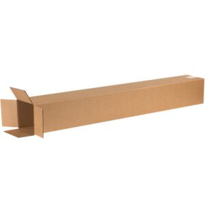 A tall MH-USA 6 x 6 x 48 corrugated box with an open flap lies against a white background.
