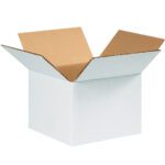 The MH-USA 6 x 6 x 4 white corrugated box, sold in bundles of 25, is shown open with flaps spread out. The exterior is white, the interior brown, and set against a plain white background to highlight its durable construction for versatile packaging needs.