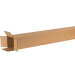 An open, long, narrow cardboard box rests against a plain white background. This plain brown box is akin to the MH-USA 6 x 6 x 72 Tall Corrugated Boxes (15/Bundle), typically used for storing or shipping items like posters or rods.