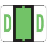 A rectangular sign mirrors the Smead BCCR Bar-Style Color-Coded Alphabetic Label (model 67074) with light green rectangles and black borders, featuring D on a white background for a sleek organizational touch.