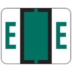 A white rectangle with a central dark green rectangle and small extensions, flanked by two green Es resembles the Smead BCCR Color-Coded Label System, E, Dark Green (67075).