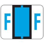 The image features a Smead BCCR Bar-Style Color-Coded Alphabetic Label (67076) showing F in blue on a white rectangle. A central vertical blue rectangle outlined in black resembles the label roll design with letters flanking it.