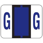 A Smead BCCR Bar-Style Color-Coded Alphabetic Label, G, with a white background features large blue Gs separated by a striking black bar and blue rectangle. This design is as eye-catching as 500 labels per roll (67077), adding creative flair like a hint of violet.