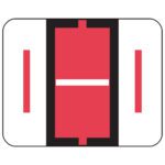 The Smead BCCR Bar-Style Color-Coded Alphabetic Label (67079) features a minimalistic design with a bold red vertical stripe centered on a rectangular shape, bordered by black. Each side has white sections with thinner red lines for symmetry, perfect for label rolls of 500 labels.