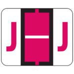 The image showcases the Smead BCCR label featuring a symmetrical design with a red J on each side and a central magenta rectangle with a horizontal white line, flanked by black vertical borders, reminiscent of its label roll style.