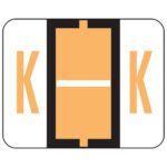 The Smead BCCR label roll (67081) features a stylish design with two bold orange Ks flanking a central rectangle intersected by a white line, all within a black border, efficiently storing 500 light orange labels per roll.