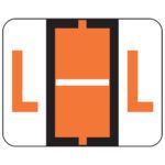 The Smead BCCR Bar-Style Color-Coded Alphabetic Label (67082) features a central vertical dark orange rectangle with black borders and a white horizontal line in an L shape, flanked by two similar orange L shapes on a pristine white background. Each roll contains 500 labels.