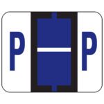 This sign features a blue P on both sides and a central blue rectangle with a white horizontal line, indicating a parking area. Its as bold and clear as the Smead BCCR Bar-Style Color-Coded Alphabetic Label, P, Violet, 500 labels per roll (67086), perfect for easy identification.