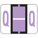A lavender rectangle with a white horizontal line, flanked by two large purple Qs on a white background and outlined in black, resembles the Smead BCCR Bar-Style Color-Coded Alphabetic Label, Q (67087).