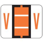 On a white background, an abstract design showcases a central vertical black rectangle flanked by large dark orange V shapes with two horizontal dark orange lines, resembling Smead BCCR Bar-Style Color-Coded Alphabetic Labels in Dark Orange (67092).