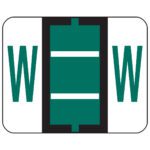 The Smead BCCR Bar-Style Color-Coded Alphabetic Label, W, features a white square with a thick black vertical bar and teal W between two teal horizontal lines. Its precise design mimics label roll accuracy in dark green calmness, ideal for detail-oriented designs.