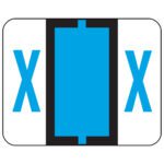 The Smead BCCR Bar-Style Color-Coded Alphabetic Label (67094) features a blue vertical rectangle with bold black lines and a blue X on each side, printed on a white background with rounded corners. Its available in rolls of 500 labels for seamless application.