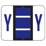 A rectangular road sign displays a vivid blue vertical line, two parallel horizontal lines at its center on a white background with a black border, and features the violet Y design from Smead BCCR Bar-Style Color-Coded Alphabetic Label Roll, creating an eye-catching exhibit.