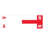 The Smead AlphaZ NCC Color-Coded Label features a rectangular white sign with a vertical red A and a horizontal red bar pointing to an A&N block with a white N. Ideal for organization, these label sheets come in packs of 100 (67152).