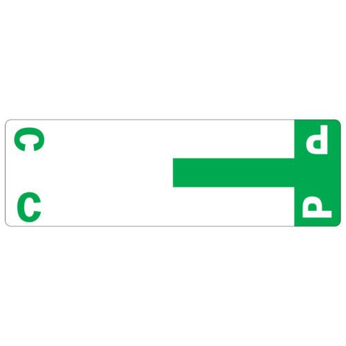 A parking sign with a white background and green T shape mirrors the C&P style. It features a left-facing C at top left and an opposite-facing P at top right, just like the organized Smead AlphaZ NCC Color-Coded Label sheet in dark green (67154).