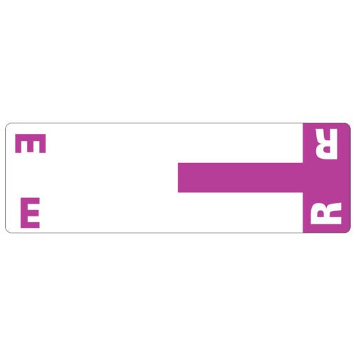 The Smead AlphaZ? NCC Color-Coded Label Sheet (67156) features a rectangular white sign with a bold purple T extending from the right, and the letters E, E, and R in purple are placed at the corners. Each pack contains 100 sheets.