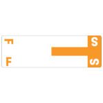 The Smead AlphaZ? NCC Color-Coded Label (67157) features a rectangular sheet design with a white background and an orange cross. Styled F and S letters appear on the left and right. This 100-label pack is both functional and eye-catching.