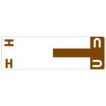 The Smead AlphaZ? NCC Color-Coded Label features dark brown and white stylized keys with rotated H and I on the left and mirrored U and N on the right against a deep brown background. Each pack contains 100 label sheets (67159).