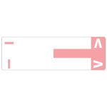 A white rectangular block with a pink right side mirrors the Smead AlphaZ? NCC Color-Coded Label, featuring two white triangles and two small horizontal red lines—one on the left edge and one centrally placed towards the left.