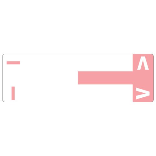 67160_C1.jpg A white rectangular block with a pink right side mirrors the Smead AlphaZ? NCC Color-Coded Label, featuring two white triangles and two small horizontal red lines—one on the left edge and one centrally placed towards the left.