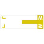 The Smead AlphaZ NCC Color-Coded Label sheet features a white label with a large yellow T, a vertical yellow block with a white M on the top right, and J&W style yellow letters C and J on the left, slightly rotated.