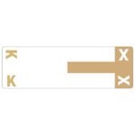 The Smead AlphaZ? NCC Color-Coded Label features a white rectangular design with a gold K in the bottom left, parallel gold lines on the right, and a stylish gold X at each end. Its perfect for organizing and comes in light brown with 100 labels per pack (67162).