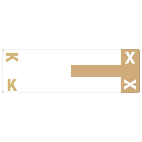 67162_C1.jpg The Smead AlphaZ? NCC Color-Coded Label features a white rectangular design with a gold K in the bottom left, parallel gold lines on the right, and a stylish gold X at each end. Its perfect for organizing and comes in light brown with 100 labels per pack (67162).