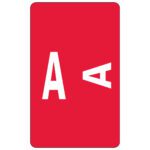 A vibrant red card features a large white A and a smaller rotated A in the corner, echoing the lively colors of the Smead AlphaZ ACCS Color-Coded Alphabetic Label, A, Label Sheet, Red (67171).