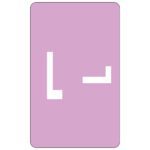 A Smead AlphaZ ACCS Color-Coded Alphabetic Label, featuring a minimalist white L in lavender on a pink background, is rotated in different directions at the top left and bottom right corners. Each deck includes 100 labels per pack (67182).