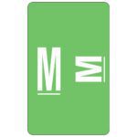 A light green card with a bold white uppercase M and a smaller inverted M below, complete with horizontal lines above, resembles the Smead AlphaZ ACCS Color-Coded Alphabetic Label (67183). It features rounded corners for a sleek look.