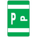 A green parking sign with two white horizontal bars displays a white P, similar to the design in Smead AlphaZ ACCS Color-Coded Alphabetic Labels, P, Dark Green, 100 per pack (67186).