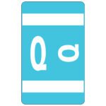 A light blue card with two white strips at the top and bottom features a prominent white Q alongside a rotated Q, similar to the Smead AlphaZ ACCS color-coded alphabetic label for an organized touch.