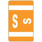The Smead AlphaZ ACCS Color-Coded Alphabetic Label in orange features a bold white S on the left and a smaller white s on the right, framed by two horizontal white lines. It is available in packs of 100 labels (67189).