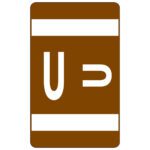 The brown rectangular sign with two white horizontal stripes resembles the Smead AlphaZ ACCS Color-Coded Alphabetic Label, U, Dark Brown (67191). In the center are two white symbols similar to a U and a reversed P.