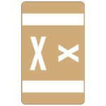 The Smead AlphaZ ACCS Color-Coded Alphabetic Label (67194) has a light brown background with two white horizontal bars. In the center are two white X shapes, the left larger than the right. Each pack includes 100 carefully printed labels.