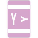 A Smead AlphaZ ACCS lavender card features two white vertical stripes and uppercase Y symbols pointing opposite ways, with 100 labels per pack (67195).