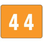 An orange rectangle with a black border displaying the prominent white number 44 matches the style of a Smead DCCRN Color-Coded Numeric Label, 4, Label Roll, Orange.