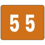 An orange rectangular sign featuring the large white number 55, similar to a Smead DCCRN Color-Coded Numeric Label, 5, on a brown label roll (67345).