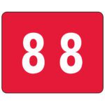 Centered bold white 88 on a red square with rounded corners mirrors the Smead DCCRN Color-Coded Numeric Label, 8, Red (67348).