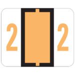 A stylized graphic featuring the number 22 in vibrant orange on a white backdrop is split by a thick vertical black bar, with an orange rectangle at its center. This design echoes the Smead BCCRN Bar-Style Color-Coded Numeric Label, 2, in Light Orange (67372).