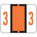 The Smead BCCRN Bar-Style Color-Coded Numeric Label, featuring a large central dark orange square with a black border and flanked by 3 in orange on white backgrounds, offers an organized and visually appealing label roll solution. This roll includes 500 labels (67373).