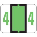 The Smead BCCRN Bar-Style Color-Coded Numeric Labels (67374) feature a symmetrical design with a vertically-centered large light green rectangle and the number 4 on both sides. The white background is framed by a black border, offering 500 labels per roll for organized labeling.