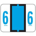 An illustration of a Smead BCCRN Label featuring a blue rectangle in the center and number six on each side, set against a white background with a black dividing border, reminiscent of meticulous label rolls.
