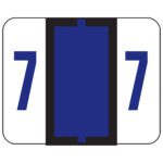 The Smead BCCRN Bar-Style Color-Coded Numeric Label, 7, features a white rectangle with 7 in blue on both sides and a vertical black rectangle accented by a wide purple strip, perfect for any label roll application. This product includes 500 labels per roll (67377).