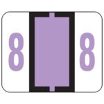 A rectangular image shows a central lavender vertical rectangle, edged with black, flanked by purple 8 on white backgrounds, resembling a roll of 500 Smead BCCRN Bar-Style Color-Coded Numeric Labels, product number 67378.