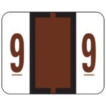 Stylized image of 99 with bold brown digits on a white background, separated by a thick vertical stripe similar to Smead BCCRN Bar-Style Color-Coded Numeric Label, 9, Brown (67379).