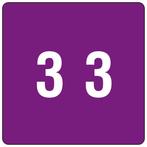 The image shows a purple square with rounded corners and a bold white 33 at its center, similar to the Smead DCC Color-Coded Numeric Label, 3, Label Roll, Purple (67423).